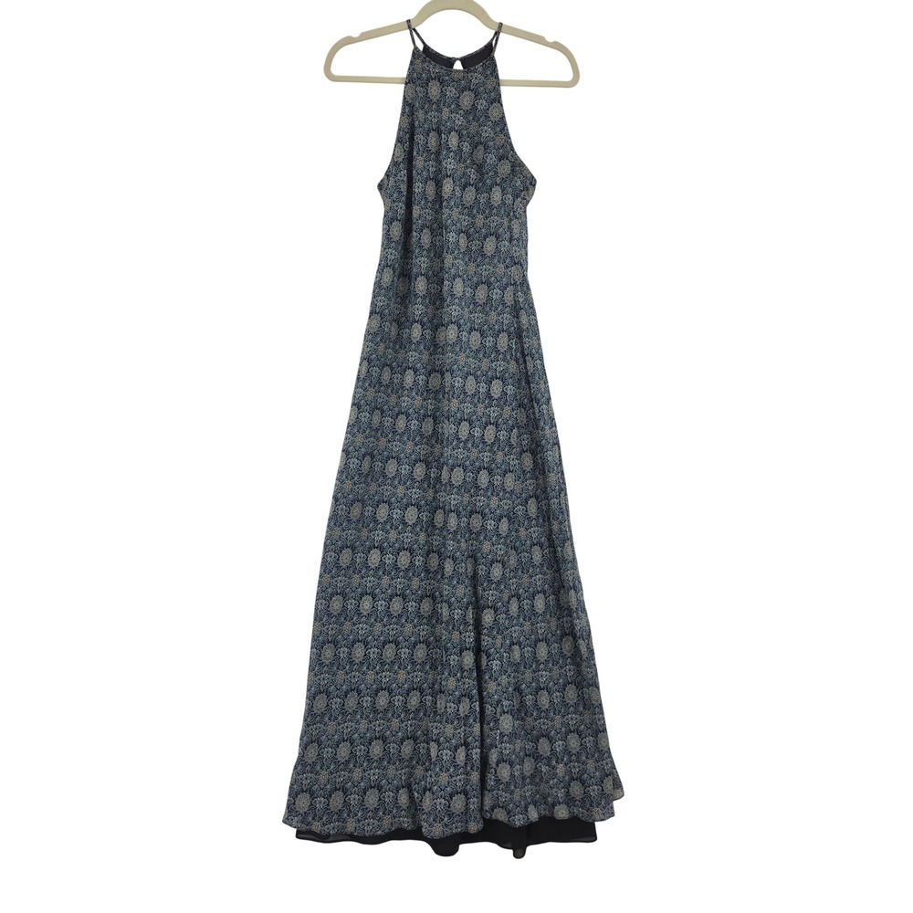 Vintage Ann Taylor 100% Silk Maxi Dress Navy Medallion Floral Halter Keyhole  6